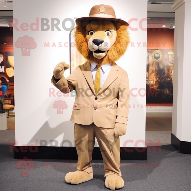 Tan Lion mascot costume character dressed with a Suit and Hat pins