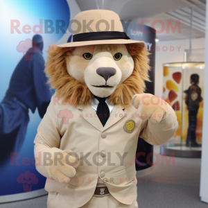 Tan Lion mascot costume character dressed with a Suit and Hat pins