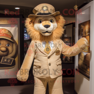 Tan Lion mascot costume character dressed with a Suit and Hat pins