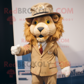 Tan Lion mascot costume character dressed with a Suit and Hat pins