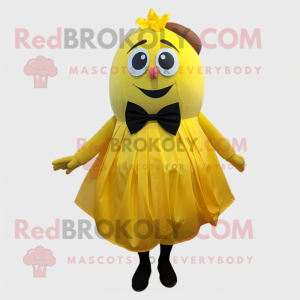 Yellow Mango mascot costume character dressed with a Pleated Skirt and Bow ties