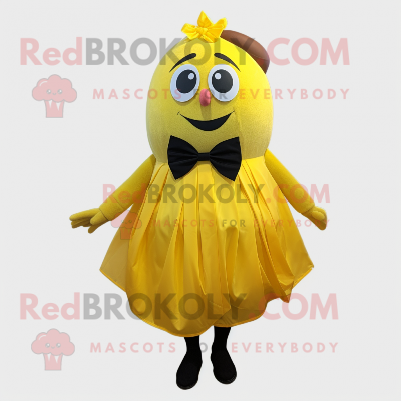 Yellow Mango mascot costume character dressed with a Pleated Skirt and Bow ties