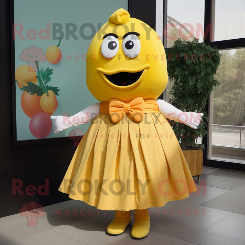 Yellow Mango mascot costume character dressed with a Pleated Skirt and Bow ties