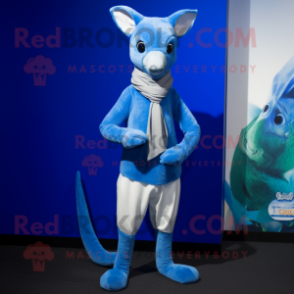 Blue Kangaroo mascot costume character dressed with a Jeggings and Scarf clips