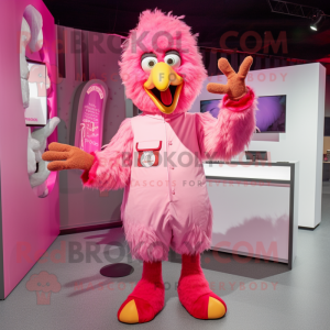 Pink Chicken mascot costume character dressed with a Jumpsuit and Gloves