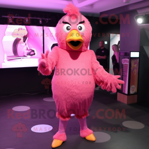 Pink Chicken mascot costume character dressed with a Jumpsuit and Gloves