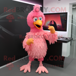 Pink Chicken mascot costume character dressed with a Jumpsuit and Gloves