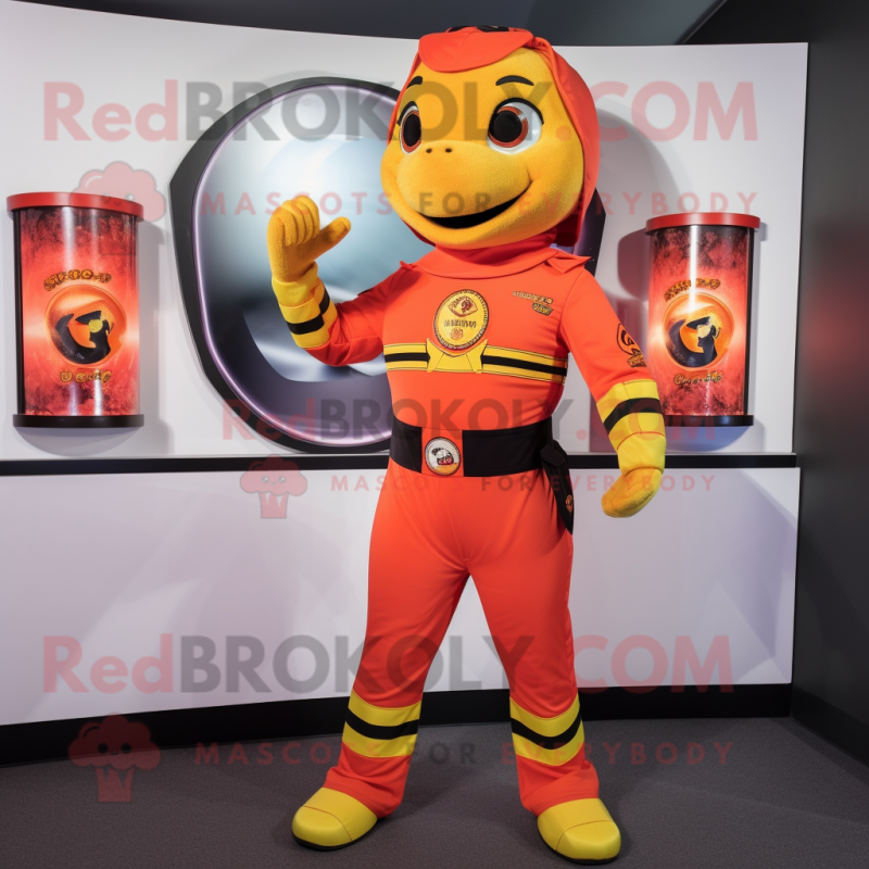 Peach Fire Fighter mascot costume character dressed with a Turtleneck and Belts