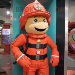 Peach Fire Fighter mascot costume character dressed with a Turtleneck and Belts