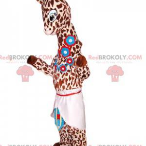 Giraffe mascotte met blauwe bloemen en een schort -