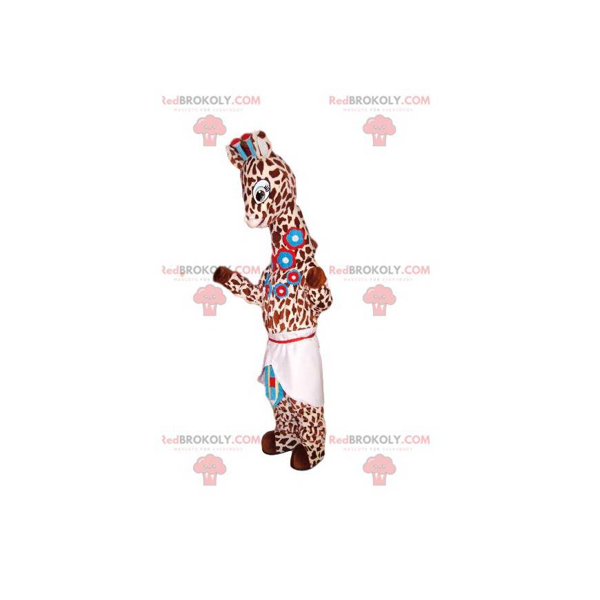 Mascotte de girafe avec des fleurs bleues et un tablier -