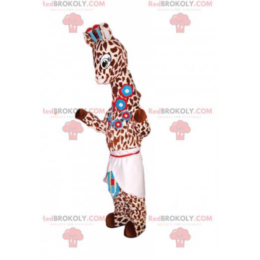 Giraffe mascotte met blauwe bloemen en een schort -