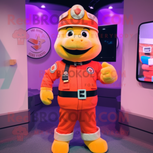 Peach Fire Fighter mascot costume character dressed with a Turtleneck and Belts