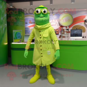 Lime Green Doctor mascot costume character dressed with a Rash Guard and Shawl pins