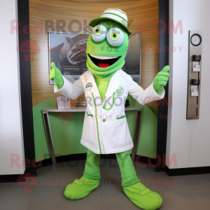 Lime Green Doctor mascot costume character dressed with a Rash Guard and Shawl pins