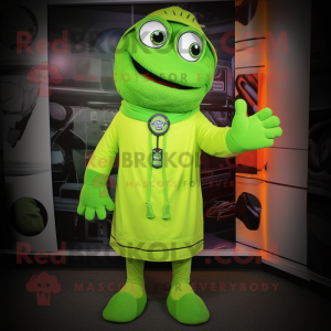 Lime Green Doctor mascot costume character dressed with a Rash Guard and Shawl pins