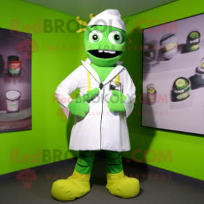 Lime Green Doctor mascot costume character dressed with a Rash Guard and Shawl pins