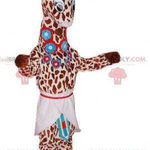 Giraffe mascotte met blauwe bloemen en een schort -