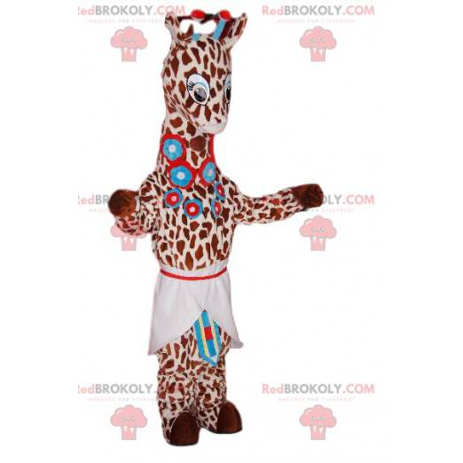 Giraffenmaskottchen mit blauen Blumen und einer Schürze -