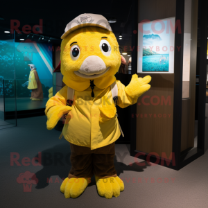 Yellow Cod mascot costume character dressed with a Polo Tee and Mittens