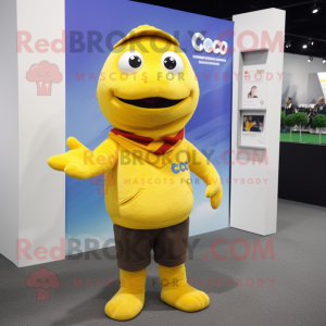 Yellow Cod mascot costume character dressed with a Polo Tee and Mittens