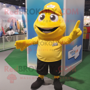 Yellow Cod mascot costume character dressed with a Polo Tee and Mittens