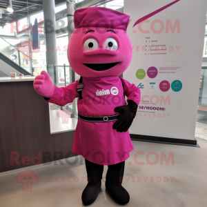 Magenta Pho mascot costume character dressed with a Dress Shirt and Mittens