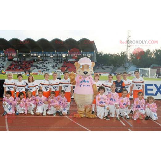 Mascote de rato roedor marrom com uma camisa rosa -