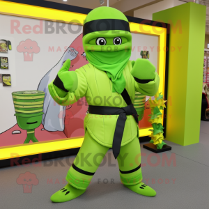 Lime Green Ninja mascot costume character dressed with a Jacket and Belts