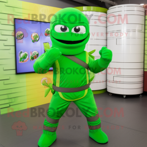 Lime Green Ninja mascot costume character dressed with a Jacket and Belts