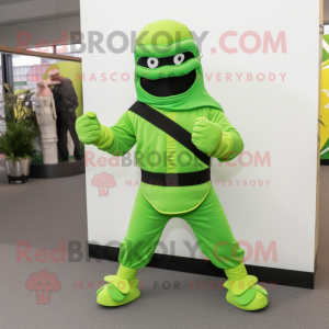 Lime Green Ninja mascot costume character dressed with a Jacket and Belts