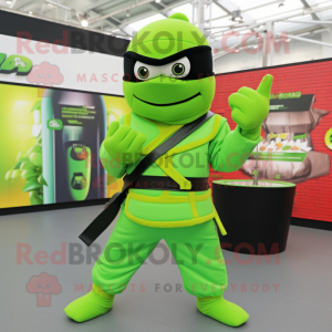 Lime Green Ninja mascot costume character dressed with a Jacket and Belts