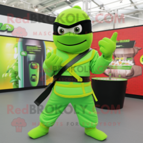 Lime Green Ninja mascot costume character dressed with a Jacket and Belts