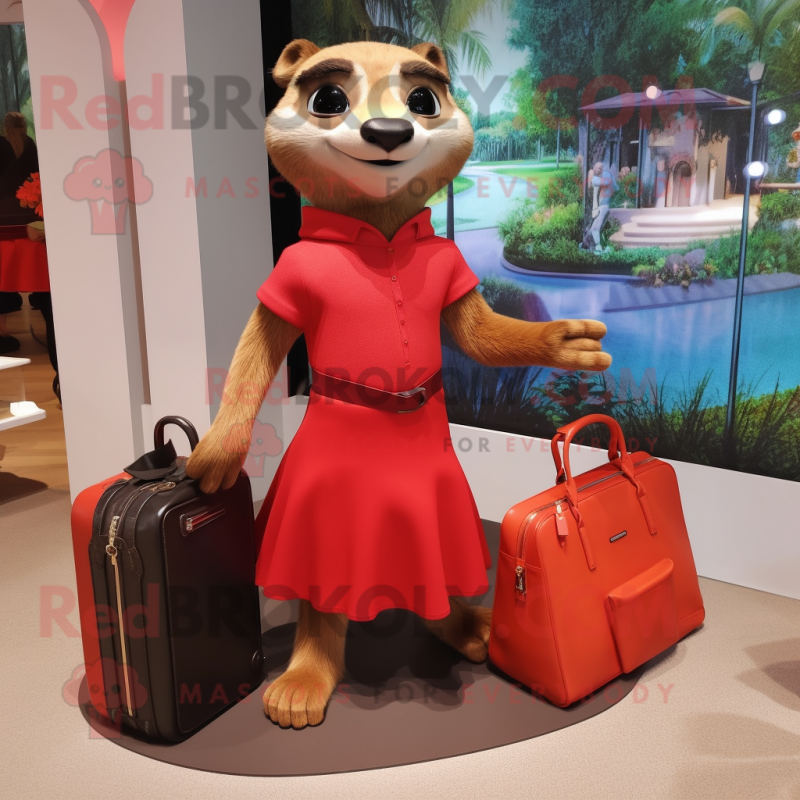 Red Meerkat mascot costume character dressed with a A-Line Skirt and Handbags