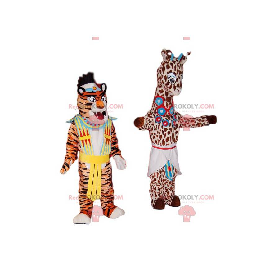Giraffen- und Tiger-Maskottchen-Duo mit traditionellen Kostümen