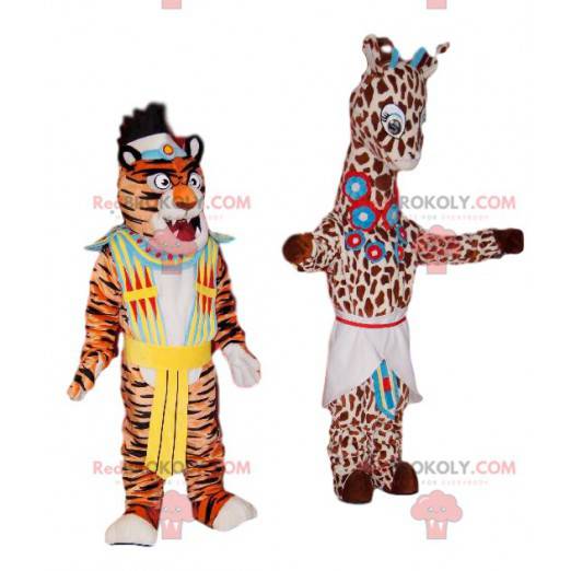 Duo di mascotte giraffa e tigre con costumi tradizionali -