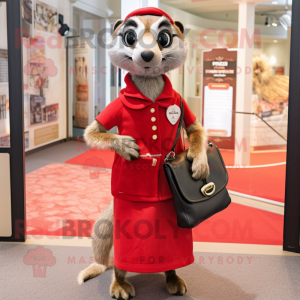 Red Meerkat mascot costume character dressed with a A-Line Skirt and Handbags