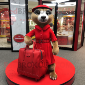 Red Meerkat mascot costume character dressed with a A-Line Skirt and Handbags