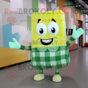 Lime Green Lasagna mascot costume character dressed with a Flannel Shirt and Hairpins