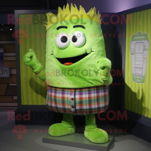 Lime Green Lasagna mascot costume character dressed with a Flannel Shirt and Hairpins