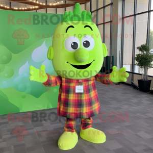 Lime Green Lasagna mascot costume character dressed with a Flannel Shirt and Hairpins
