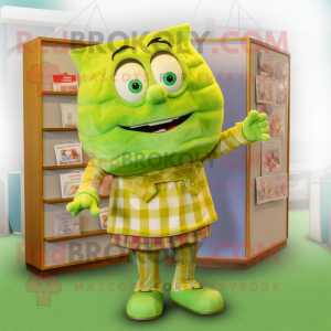 Lime Green Lasagna mascot costume character dressed with a Flannel Shirt and Hairpins