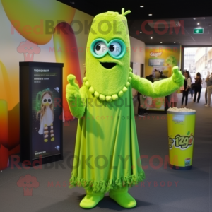 Lime Green Pop Corn mascot costume character dressed with a Maxi Dress and Headbands