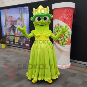 Lime Green Pop Corn mascot costume character dressed with a Maxi Dress and Headbands
