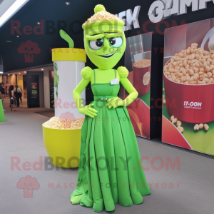 Lime Green Pop Corn mascot costume character dressed with a Maxi Dress and Headbands