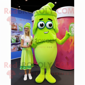 Lime Green Pop Corn mascot costume character dressed with a Maxi Dress and Headbands