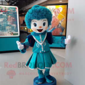 Teal Irish Dancer mascot costume character dressed with a Coat and Keychains