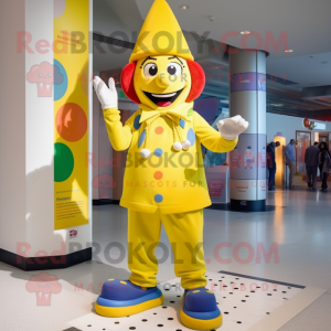 Lemon Yellow Clown mascot costume character dressed with a Jeggings and Beanies