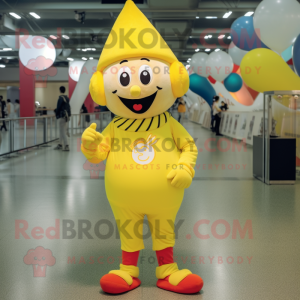Lemon Yellow Clown mascot costume character dressed with a Jeggings and Beanies