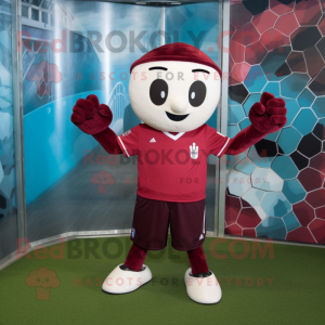 Maroon Soccer Goal mascot costume character dressed with a Henley Shirt and Headbands